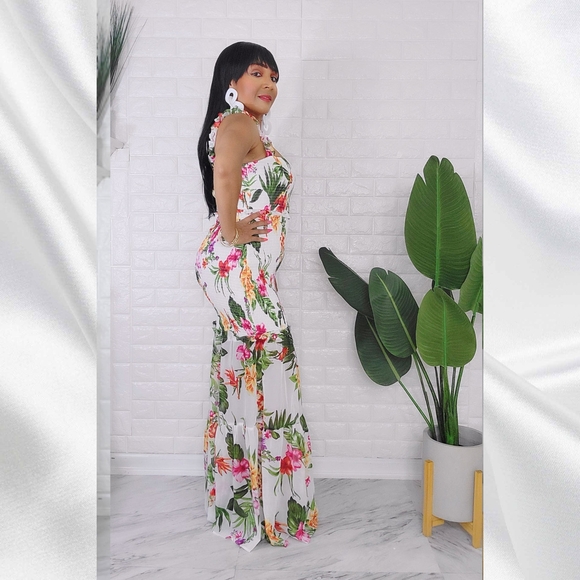 Ivory Floral Chiffon Smocked Ruffle Crop Top & Maxi Skirt Set - Picture 3 of 4